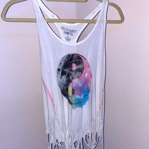 Colorful Yen-yang, white tank top, fringe bottom
